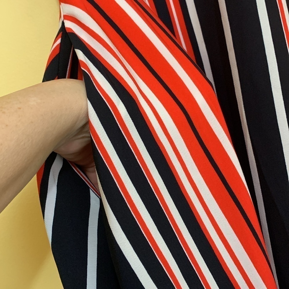 Karl Lagerfeld | Red White Blue Striped Sleeveless Handkerchief Hem Midi Dress 0 - Picture 11 of 17